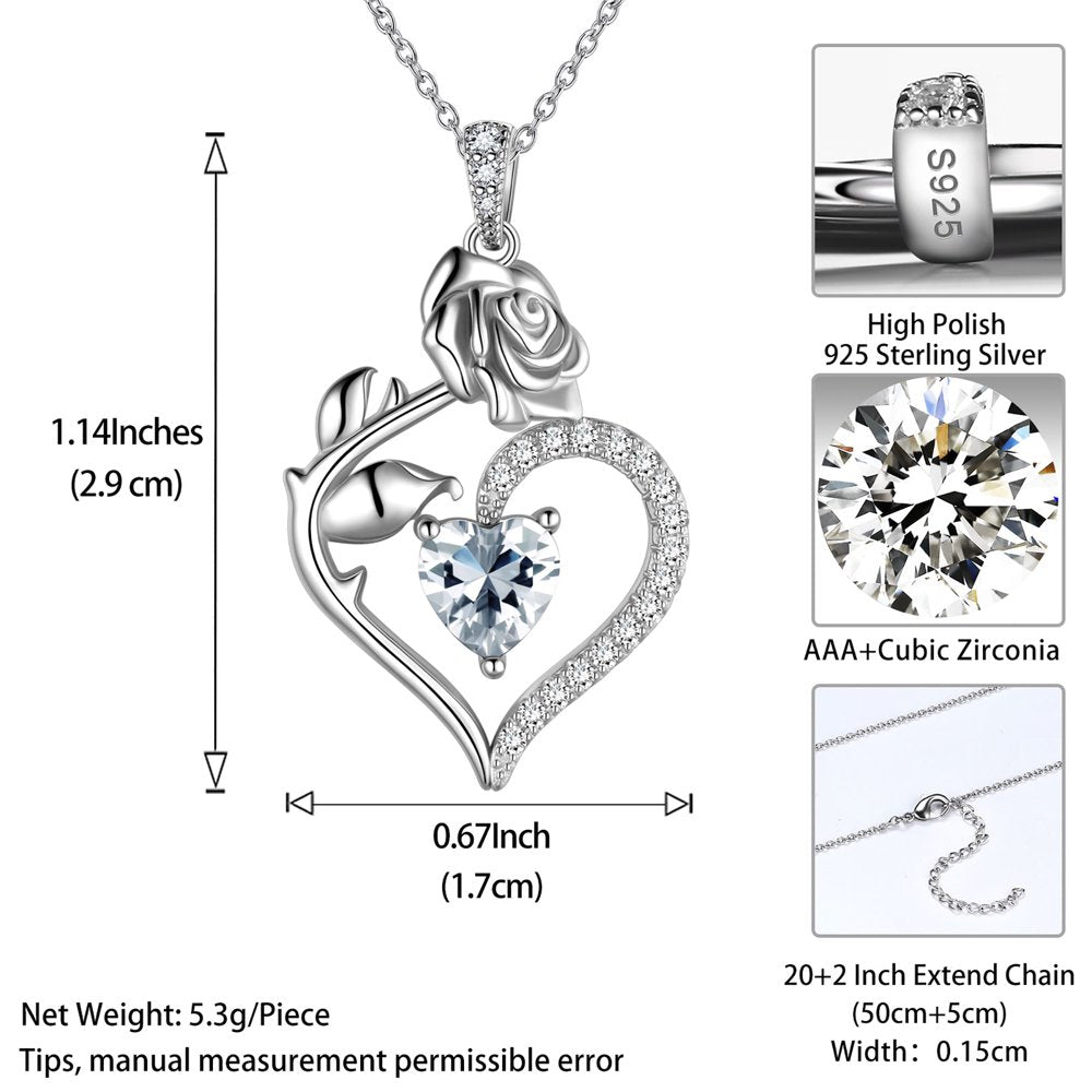 925 Sterling Silver Birthstone Necklace for Women Rose Flower Heart Pendant Necklace Fine Jewelry Anniversary Birthday Christmas Gifts for Women Girls