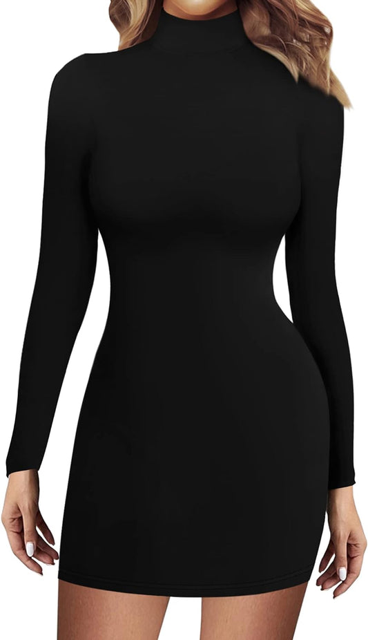 Women Sexy Fashion Long Sleeve Bodycon Dress Casual Sexy Stand Neck Fitted Stretch Mini Tight Short Dresses (Ordinary Black, Small)